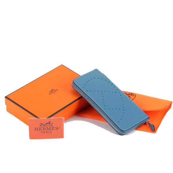 1:1 Quality Hermes Togo Leather Perforated Zippy Wallet 9032 Blue Replica - Click Image to Close